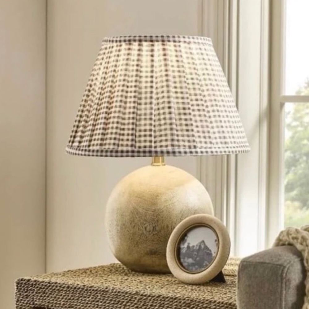 Medium Faux Wood Table Lamp Base w/ Gingham Pleated Shade-Threshold Studio McGee